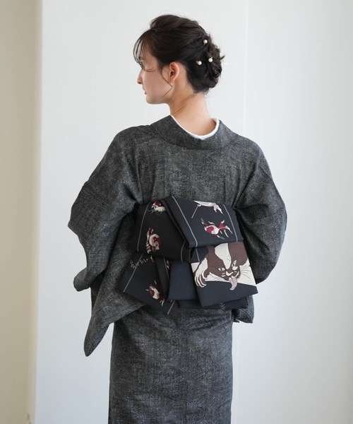 utatane 着物 着物・帯セット ニコアンティーク 黒の青海波に金魚と猫