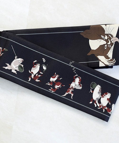 utatane 着物 着物・帯セット ニコアンティーク 黒の青海波に金魚と猫