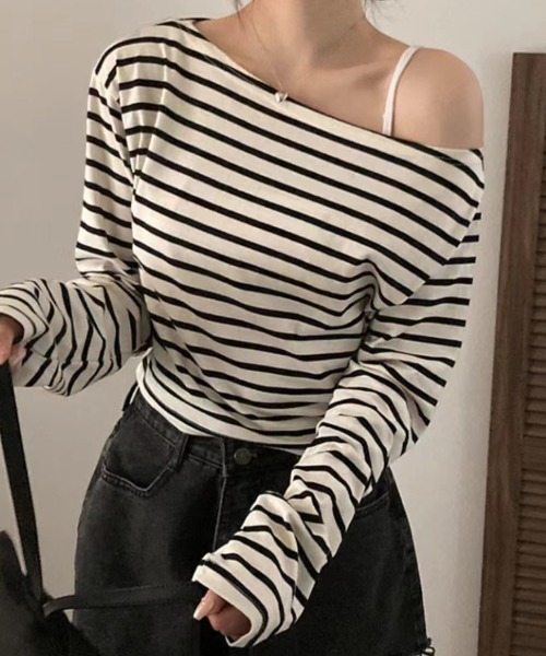 良質  ABITOKYO tシャツ レディース オフショル長袖ボーダートップス トップス