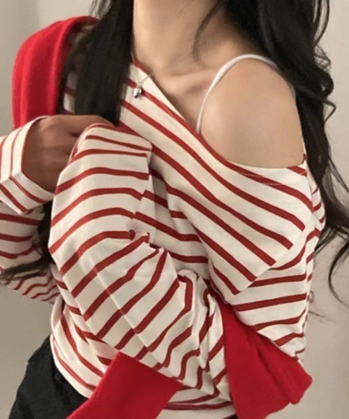 ABITOKYO tシャツ オフショル長袖ボーダートップス レディース