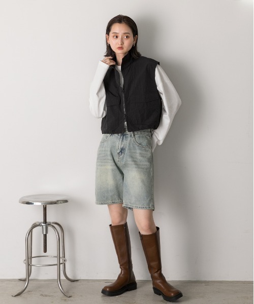 ad thie ベスト ジレ スタンドカラー ナイロンショートベスト