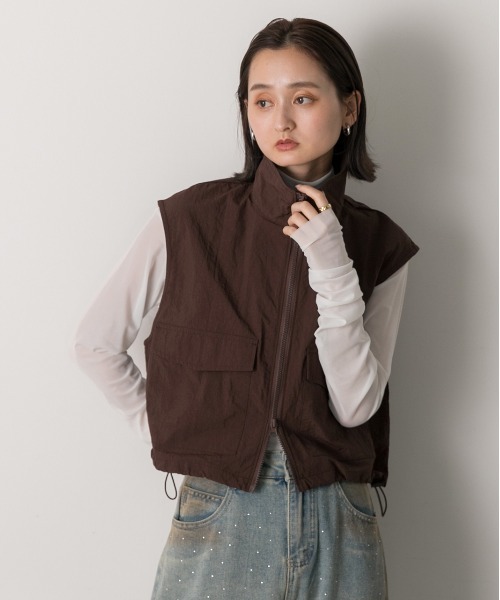 ベスト ジレ スタンドカラー ベスト レディース ad thie ベスト ジレ スタンドカラー ナイロンショートベスト