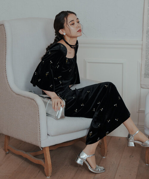 オケージョンドレス/結婚式】velour bell sleeve dress