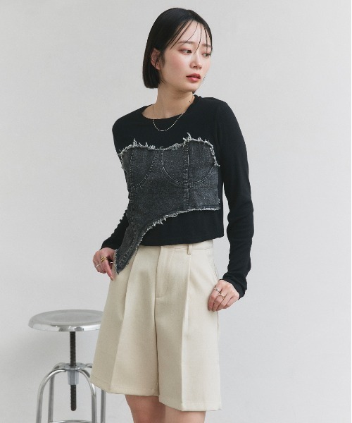 新品⭐︎異素材ドッキングトップス⭐︎定価２３１００円⭐︎デニム✖️ブラック☆送料込み ad thie（アドティエ） tシャツ デニムビスチェ ドッキングロンT