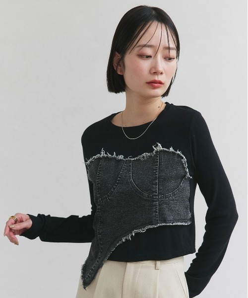 新品⭐︎異素材ドッキングトップス⭐︎定価２３１００円⭐︎デニム✖️ブラック☆送料込み ad thie（アドティエ） tシャツ デニムビスチェ ドッキングロンT