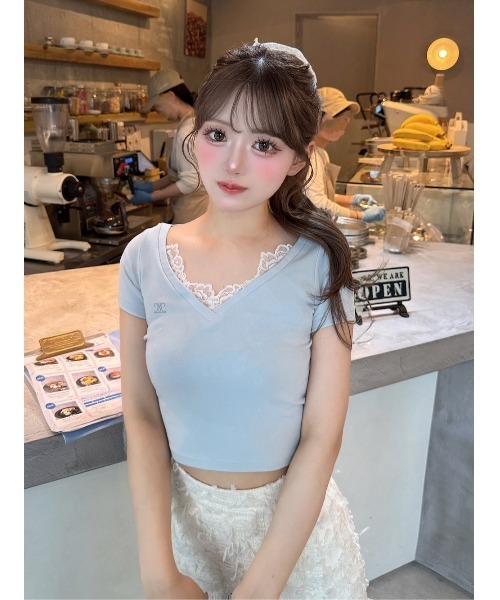 DARICHクロップドTシャツ Darich tシャツ レースVネッククロップドTシャツ レディース