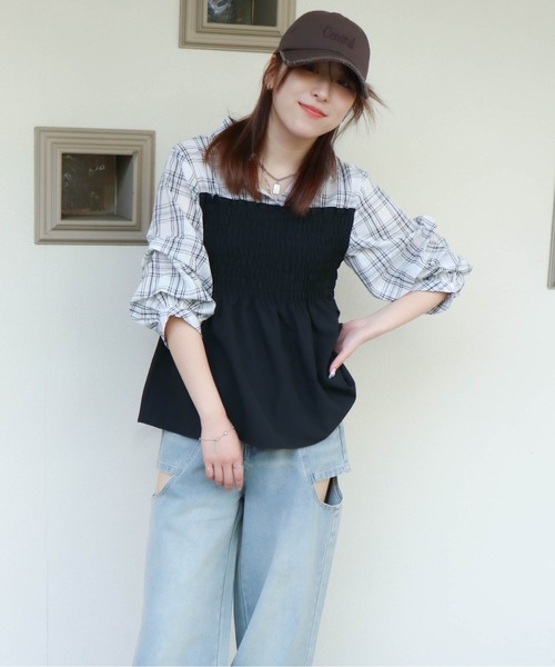 ブラウス シャツ 「シャーリング×フェイクレイヤード」レディース