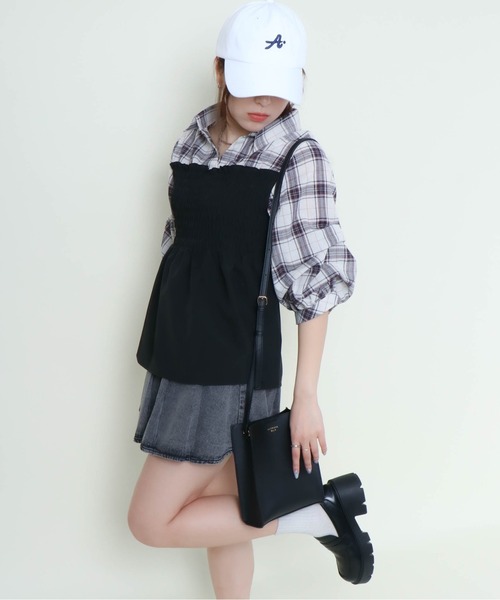 ブラウス シャツ 「シャーリング×フェイクレイヤード」レディース