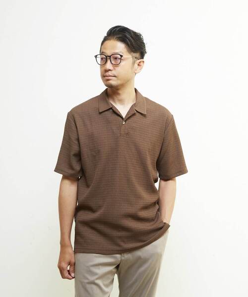  メッシュポロシャツ S ブラウン MEN'S MELROSE ポロシャツ 半袖 テクスチャーメッシュスキッパー