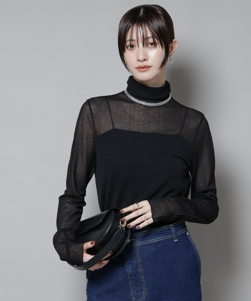 tシャツ 梨地シアータートルカットトップス レディース