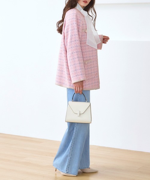 ノーカラー ファンシーツイードジャケット きれいめカジュアル/通勤/入卒】ファンシーツイード ジャケット（ノー