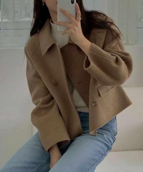 Diosfront ステンカラーコート コート ダブルボタンメルトンショート