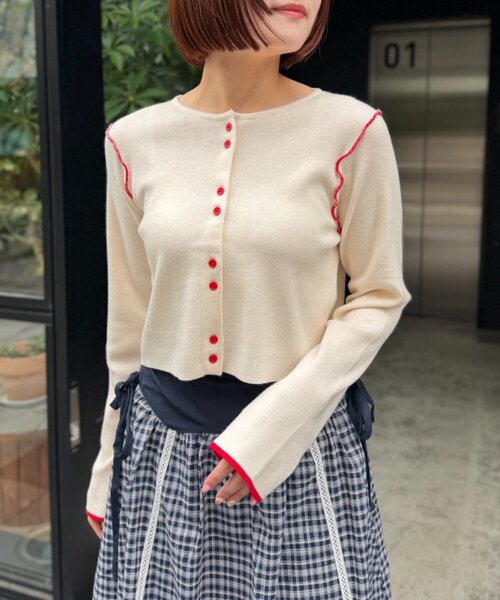 配色パイピングカーディガン Isn't She？（イズントシー） カーディガン 配色パイピングニット