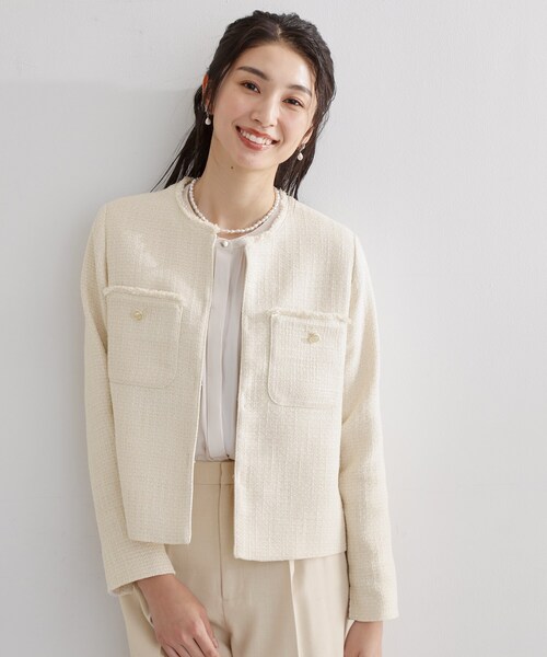 THE SHOP TK ジャケット ノーカラージャケット ツイードノーカラー