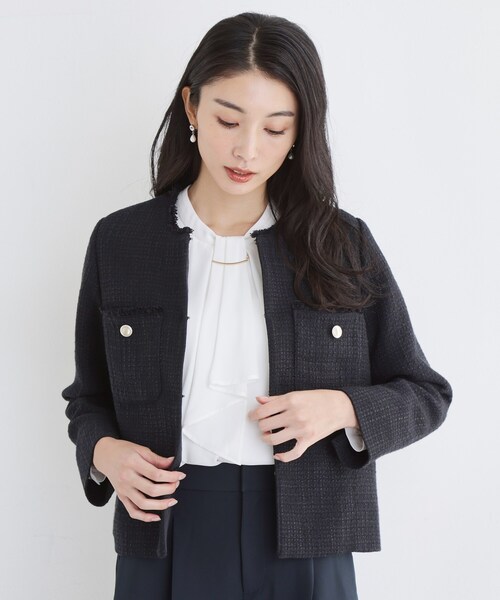 THE SHOP TK ジャケット ノーカラージャケット ツイードノーカラー