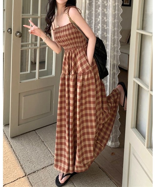 inst.ALL ワンピース チェック柄ロングフレアキャミワンピース