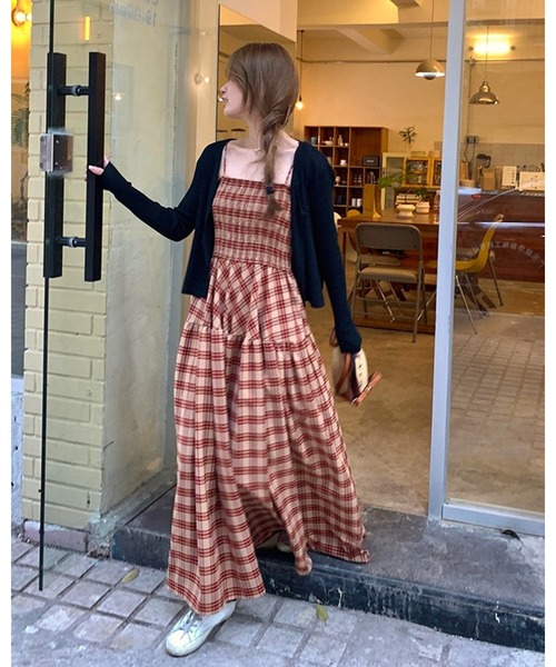 チェック柄 キャミワンピース ロング丈 inst.ALL ワンピース チェック柄ロングフレアキャミワンピース
