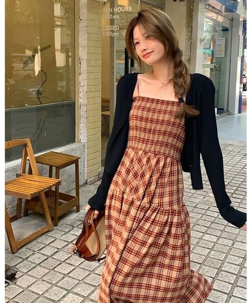 inst.ALL ワンピース チェック柄ロングフレアキャミワンピース