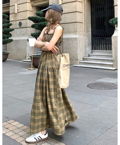 inst.ALL ワンピース チェック柄ロングフレアキャミワンピース