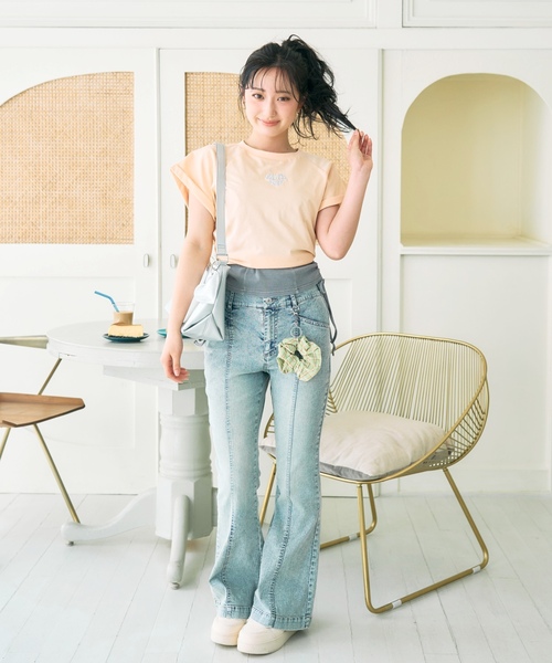 パンツ 「接触冷感」スタイルアップフレアデニムパンツ キッズ 子供服 女の子の画像