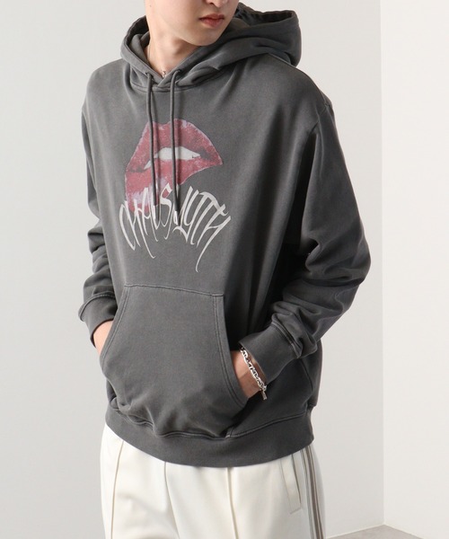 レア★リップスライムライブツアーグッズ★グレーパーカー グラフィックプリント RE730 パーカー Vintage-like lip print hoodie / リッププリント