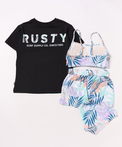 水着 RUSTY/ラスティ 子供用 タンキニ ラッシュT付き 4点セット 水陸両用 吸汗速乾 UVカット アロハ柄 水着 キッズ 子供 女の子の画像