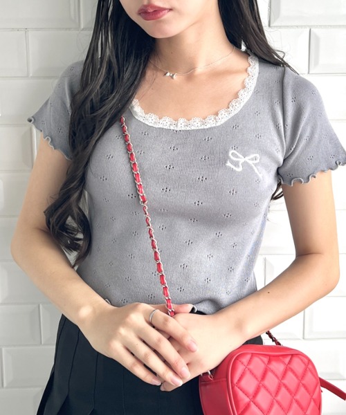 Loueme tシャツ リボン刺繍レーストリムトップス レディース