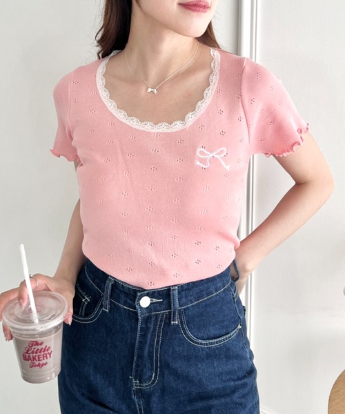 tシャツ レース付きリボン刺繍Tシャツ レディース Loueme tシャツ リボン刺繍レーストリムトップス レディース