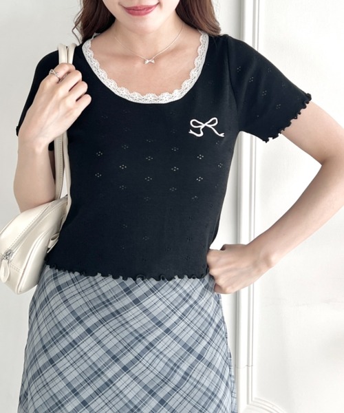 tシャツ レース付きリボン刺繍Tシャツ レディース Loueme tシャツ リボン刺繍レーストリムトップス レディース