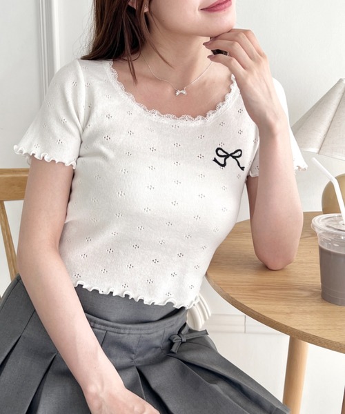 tシャツ ストリングリボンジップシャツトップ レディース セール】ストライプリボンネック ドローストリングトップス（T
