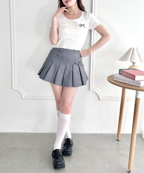 Loueme tシャツ リボン刺繍レーストリムトップス レディース