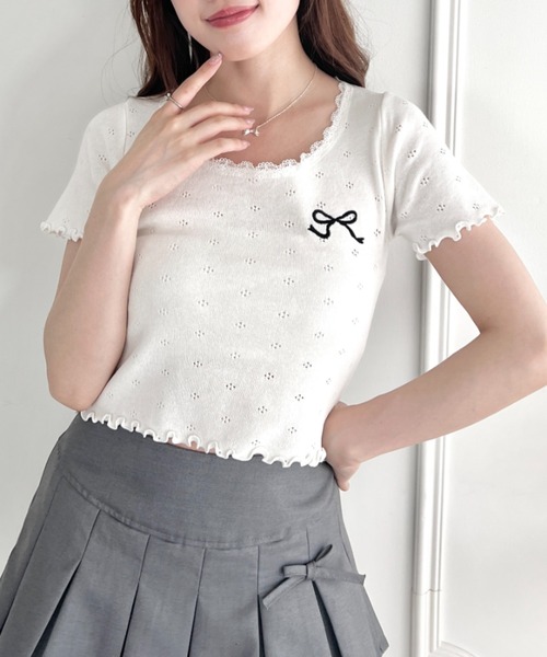 Drawer レース　刺繍　シャツ　半袖　リボン Drawer - ドゥロワー レースショートスリーブブラウス 36 レディース