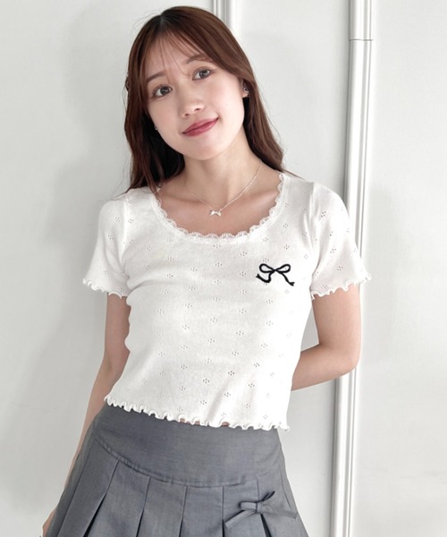 Loueme tシャツ リボン刺繍レーストリムトップス レディース