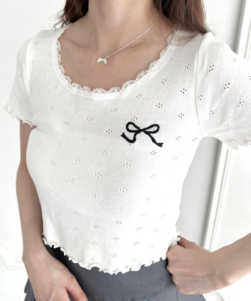 Loueme tシャツ リボン刺繍レーストリムトップス レディース