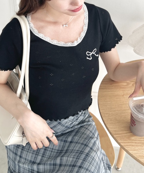 Loueme tシャツ リボン刺繍レーストリムトップス レディース
