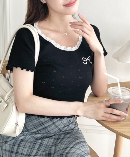 Loueme tシャツ リボン刺繍レーストリムトップス レディース