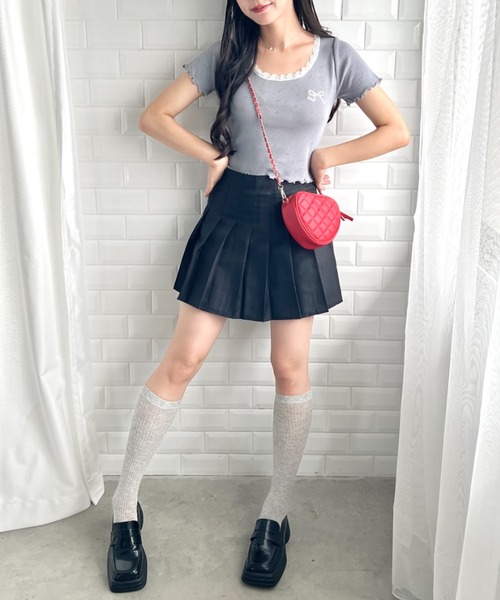 Loueme tシャツ リボン刺繍レーストリムトップス レディース