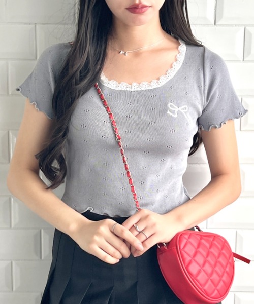 tシャツ レースリボンハートTシャツ レディース Loueme tシャツ リボン刺繍レーストリムトップス レディース