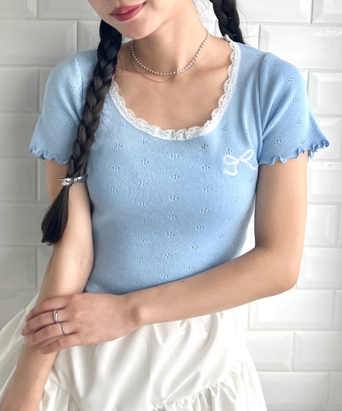 Loueme tシャツ リボン刺繍レーストリムトップス レディース