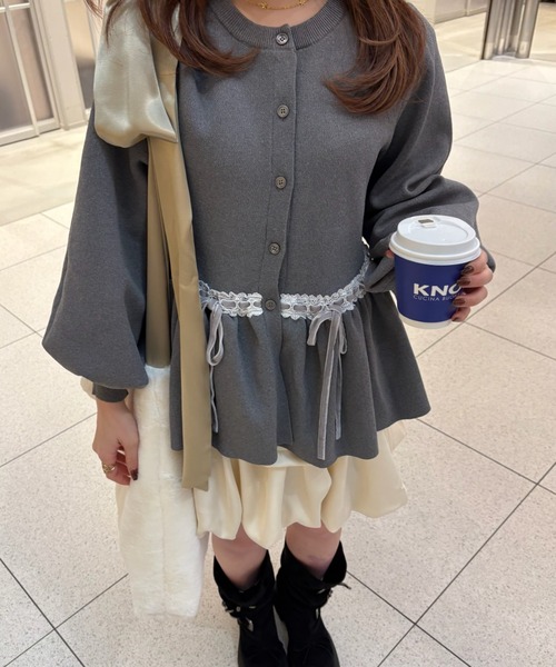 エムズグレイシー　リボンペプラム　カーディガン　ジップアップ　定価3.2万円 カーディガン velours ribbon peplum cardigan / リボンペプラム