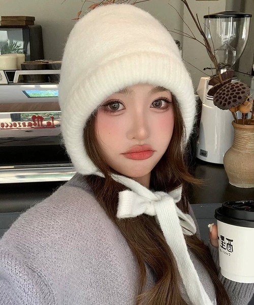 COYSEIO ニット帽 編み込みひも付き ショップニコニコ ShopNikoNiko ポンポン紐付き フードニットキャップ