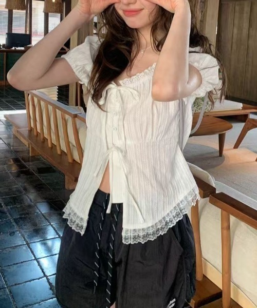 AsRiRe ブラウス シャツ 新色追加/レースリボン付き半袖トップス
