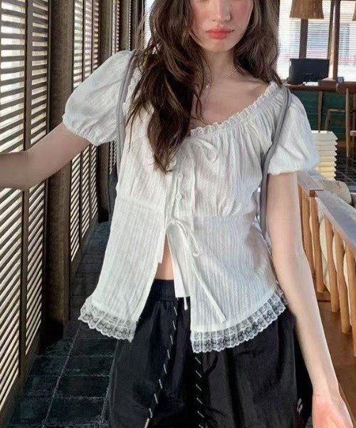リボンレース半袖ブラウス✭お出かけ女子会デートにぴったり夏コーデ AsRiRe ブラウス シャツ 新色追加/レースリボン付き半袖トップス