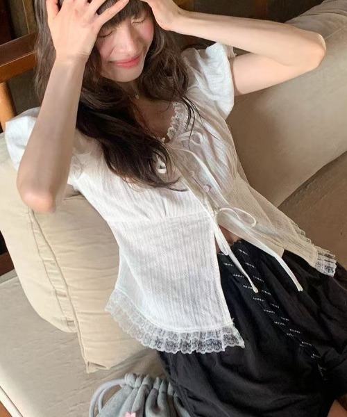 リボンレース半袖ブラウス✭お出かけ女子会デートにぴったり夏コーデ AsRiRe ブラウス シャツ 新色追加/レースリボン付き半袖トップス