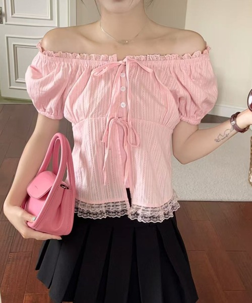 AsRiRe ブラウス シャツ 新色追加/レースリボン付き半袖トップス