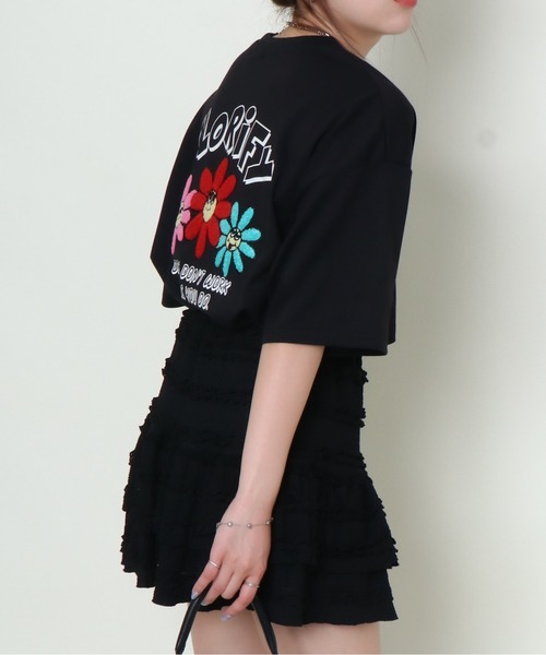JWA カラフル刺繍 ブラックTシャツ ワンフォークロージング 1111clothing ◇フラワー サガラ刺繍 Tシャツ