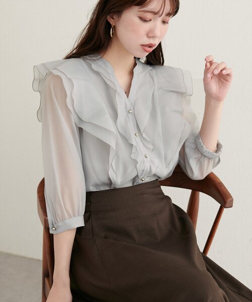 natural couture ブラウス シャツ ラッフルフリルキーネック7分袖