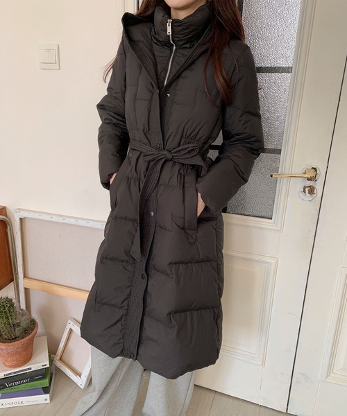 【極美品】レナウンensuite★リボン付きダークグレーダウンジャケット　コート aimoha（アイモハ） ダウンコート ダウンジャケット ウエストリボン