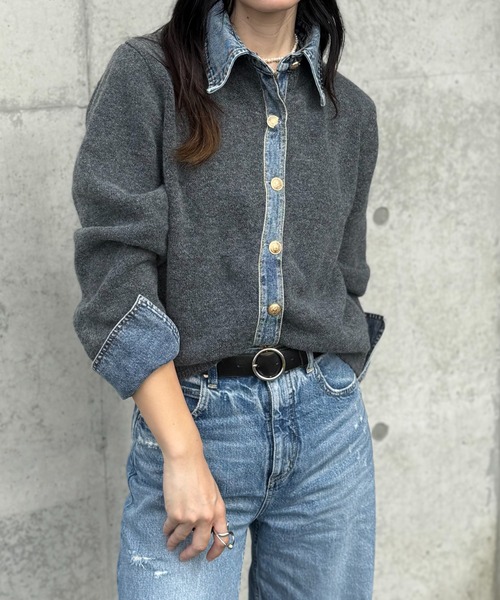 【美品】  kolor / カラー | ロゴ ダブルネック ドッキング ニット | 2 | グレー | レディース deux amour ニット セーター デニムドッキングニット レディース