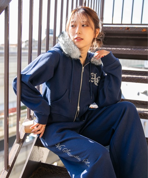 パーカー 「ファー付×ストーンロゴ」冬映え ストリート 裏起毛ショート